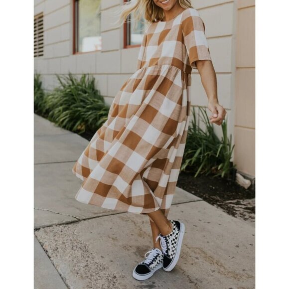 ROOLEE Dresses & Skirts - Roolee Buffalo Plaid Beige White Cottage core Dress M